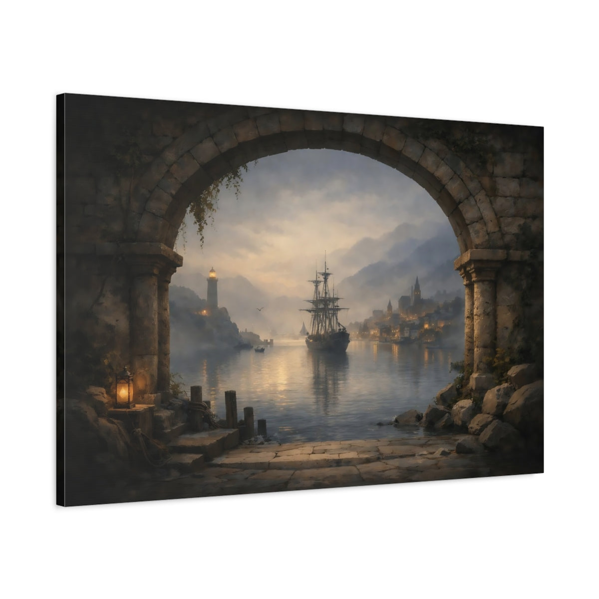 Mist Depth Harbor Archway View Sailing Ship Vintage - Canvas Wall Art Print
