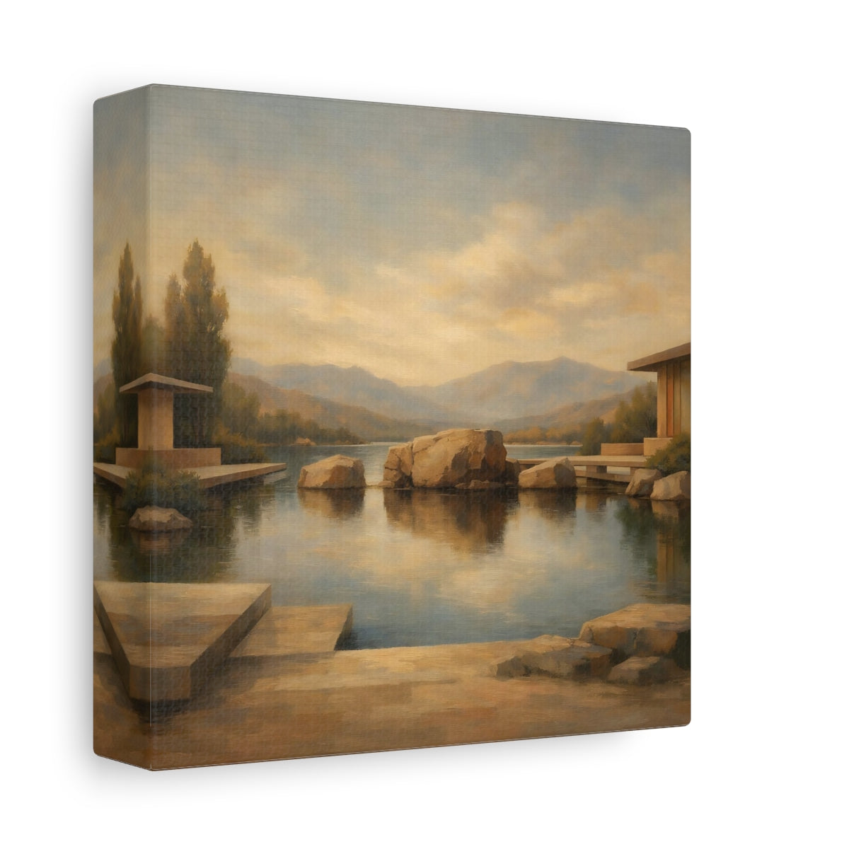 Side Mockup 1. Nature Lake Rocks Brown And Blue Lake shown as stretched canvas wall art