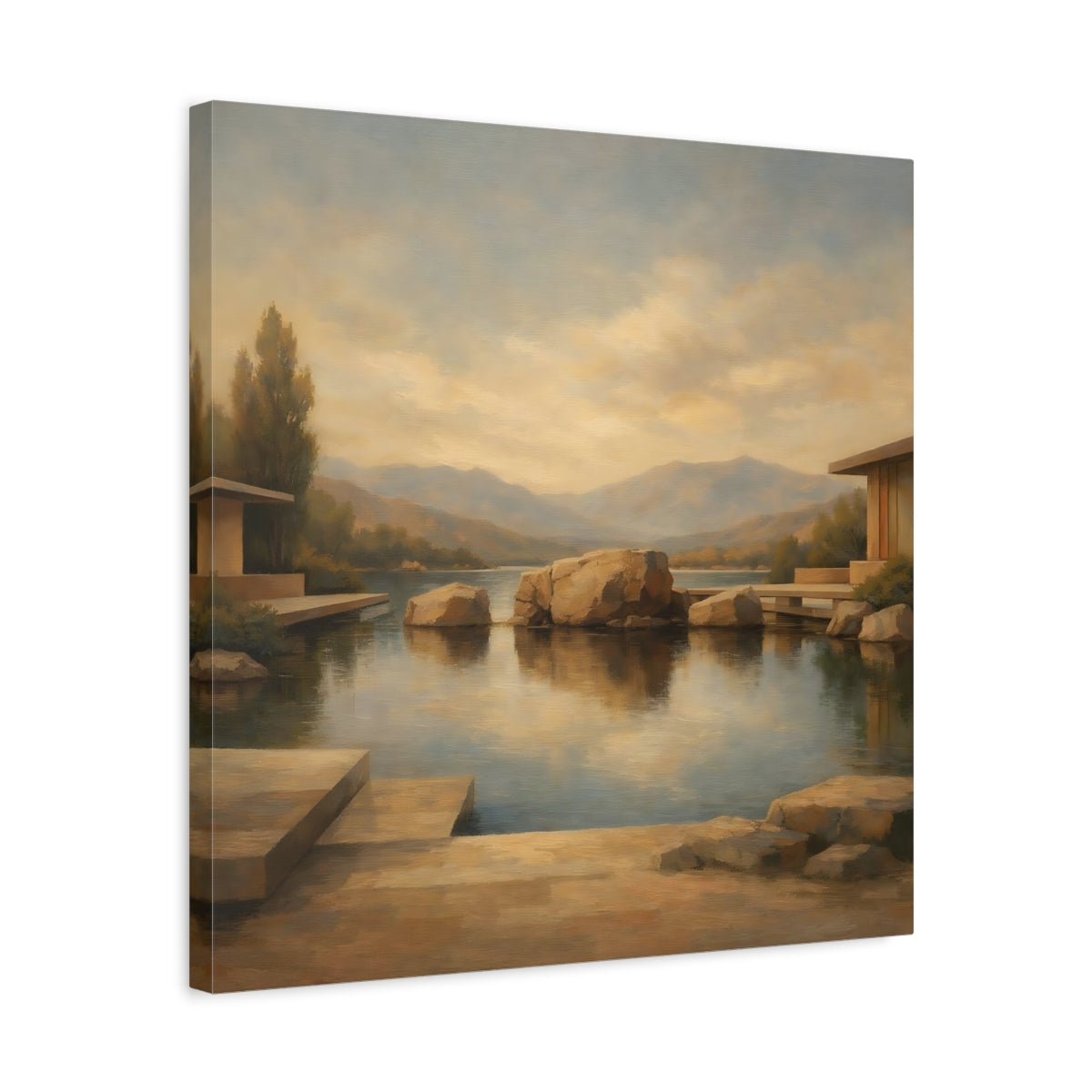 Side Mockup 5. Nature Lake Rocks Brown And Blue Lake shown as stretched canvas wall art
