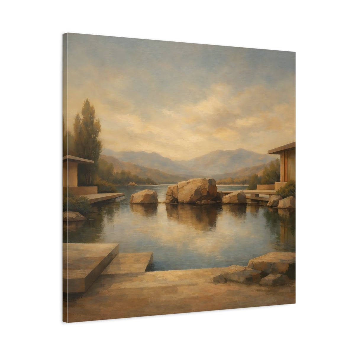 Side Mockup 3. Nature Lake Rocks Brown And Blue Lake shown as stretched canvas wall art