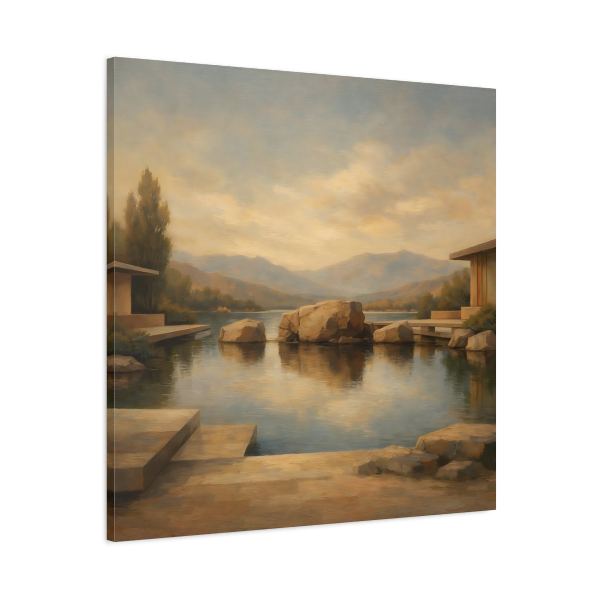Side Mockup 2. Nature Lake Rocks Brown And Blue Lake shown as stretched canvas wall art