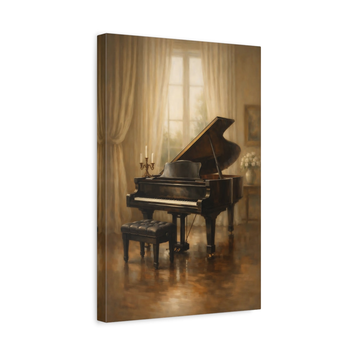 Side Mockup 4. Vintage Grand Piano Warm Piano Room shown as stretched canvas wall art