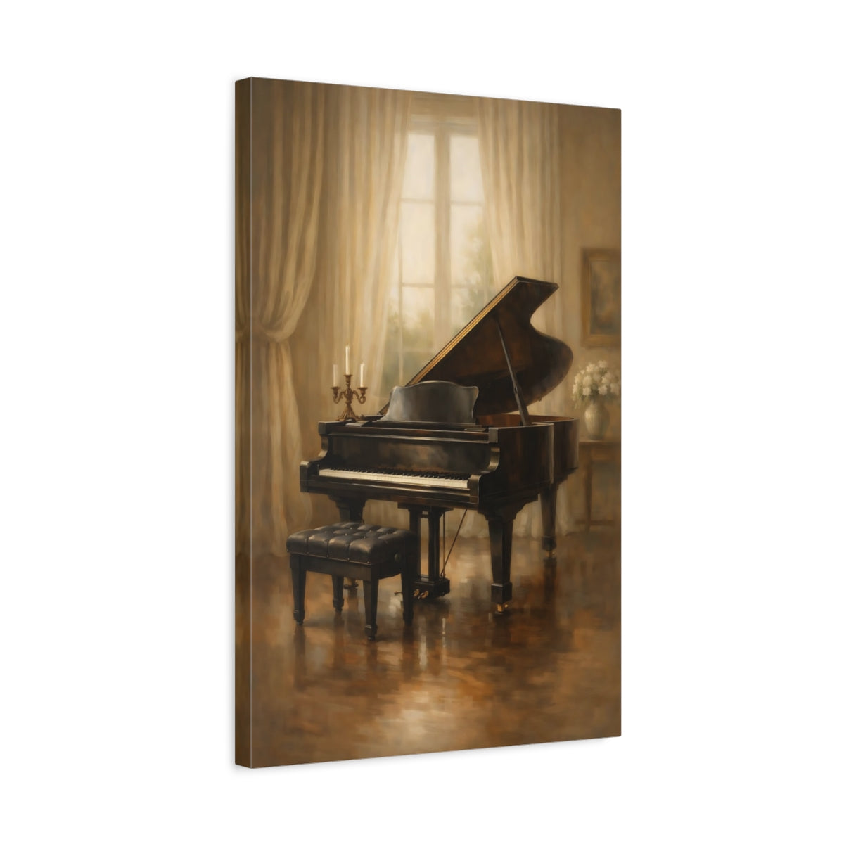 Side Mockup 3. Vintage Grand Piano Warm Piano Room shown as stretched canvas wall art