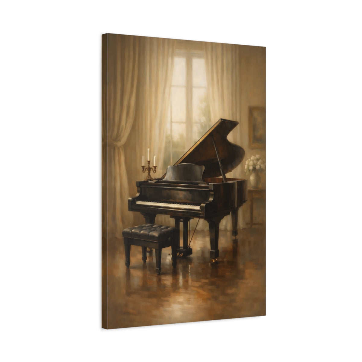 Side Mockup 2. Vintage Grand Piano Warm Piano Room shown as stretched canvas wall art