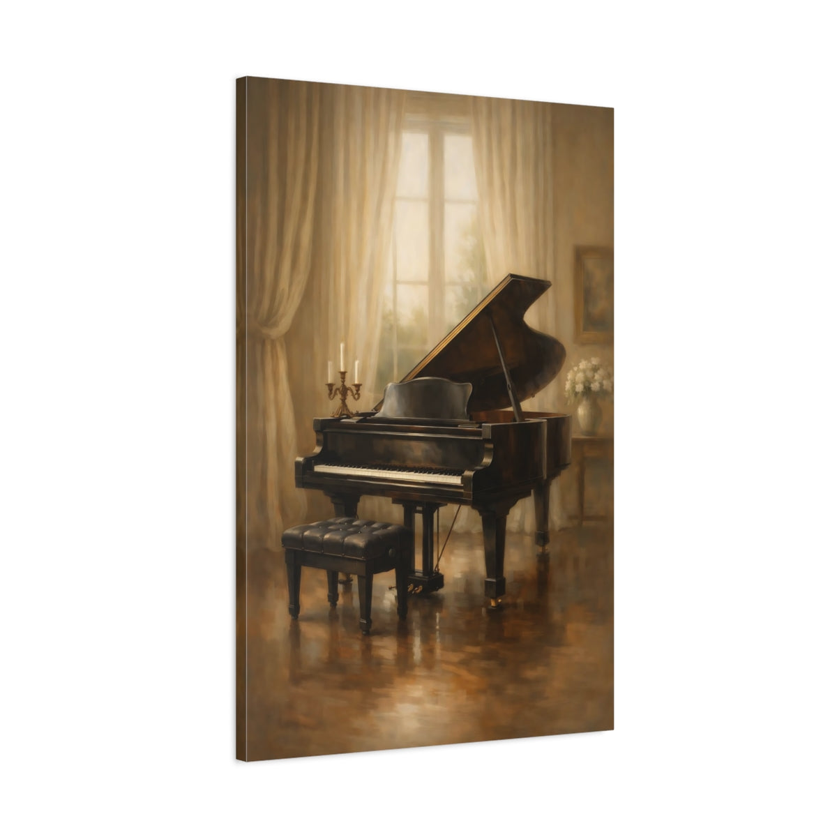 Side Mockup 1. Vintage Grand Piano Warm Piano Room shown as stretched canvas wall art