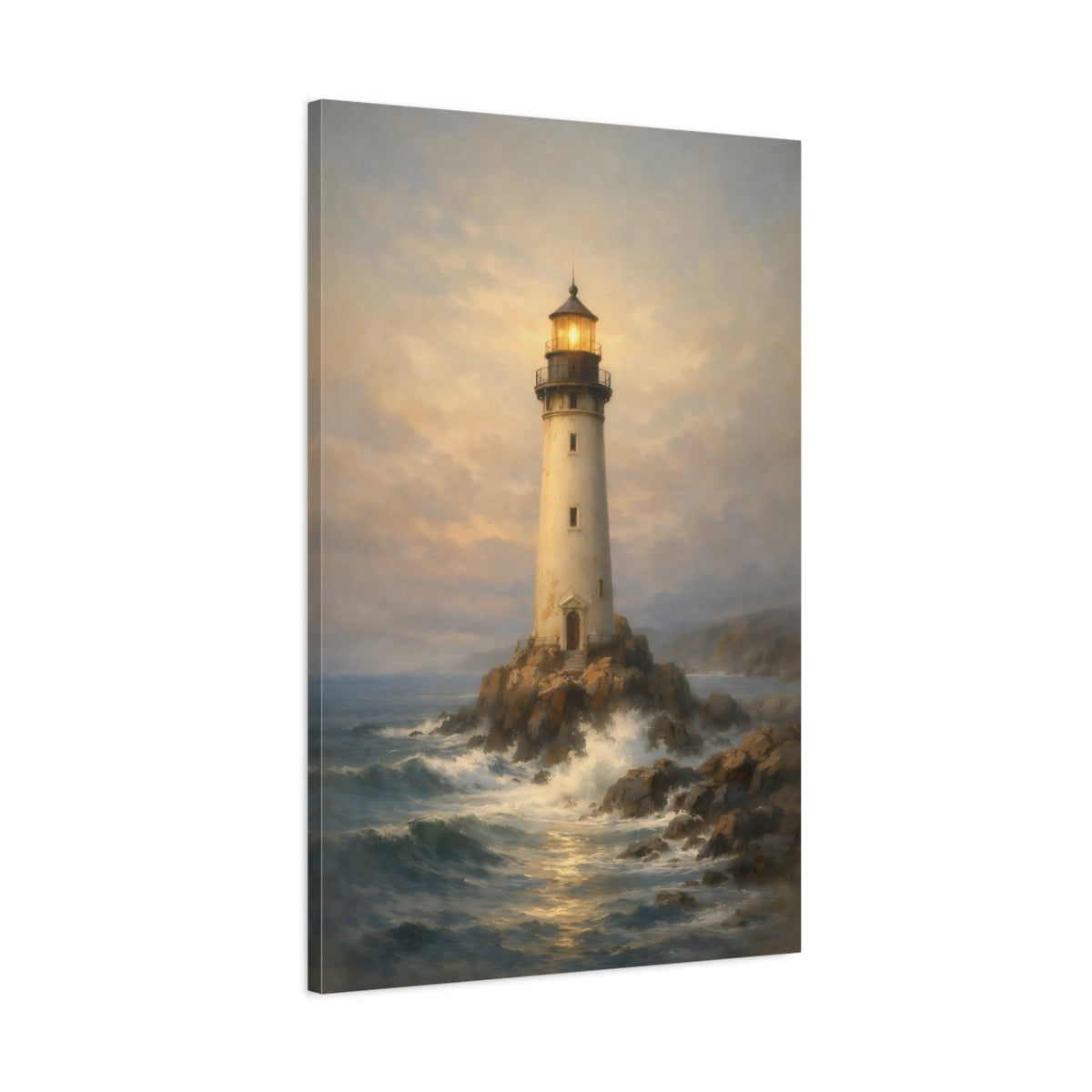 Side Mockup 1. Nature Lighthouse Lighthouse Seascape shown as stretched canvas wall art
