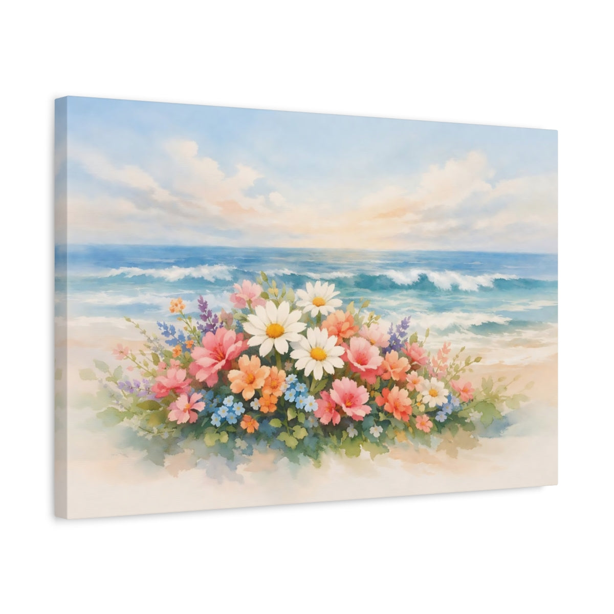 Side Mockup 3. Watercolor Ocean Flowers shown as stretched canvas wall art