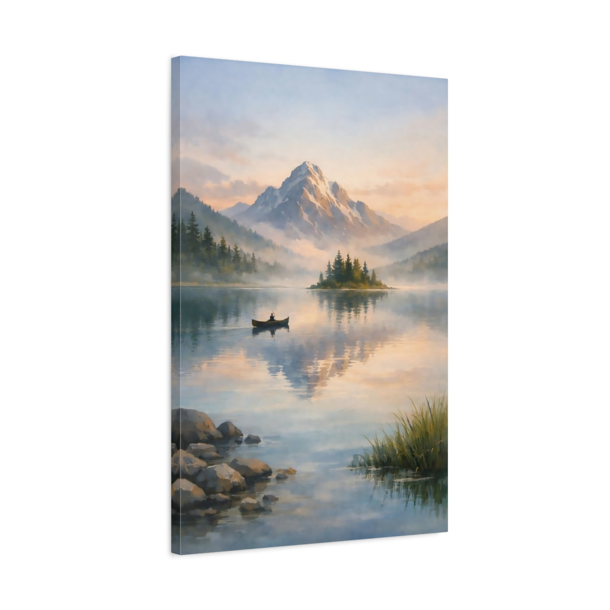 Side Mockup 2. Nature Snowy Mountain Mountain Lake Landscape shown as stretched canvas wall art