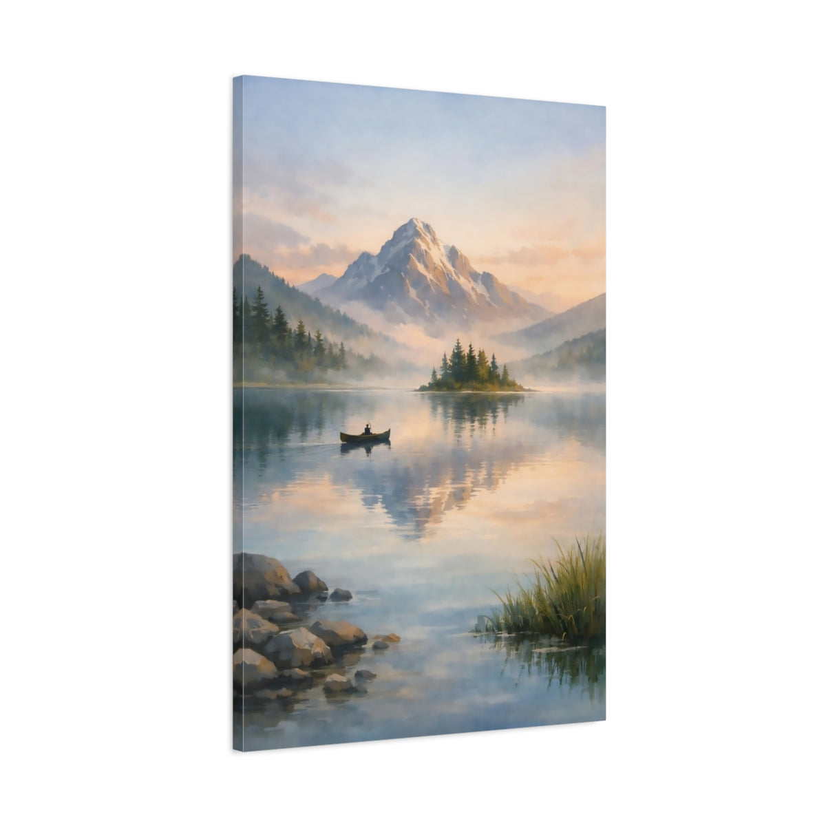 Side Mockup 1. Nature Snowy Mountain Mountain Lake Landscape shown as stretched canvas wall art