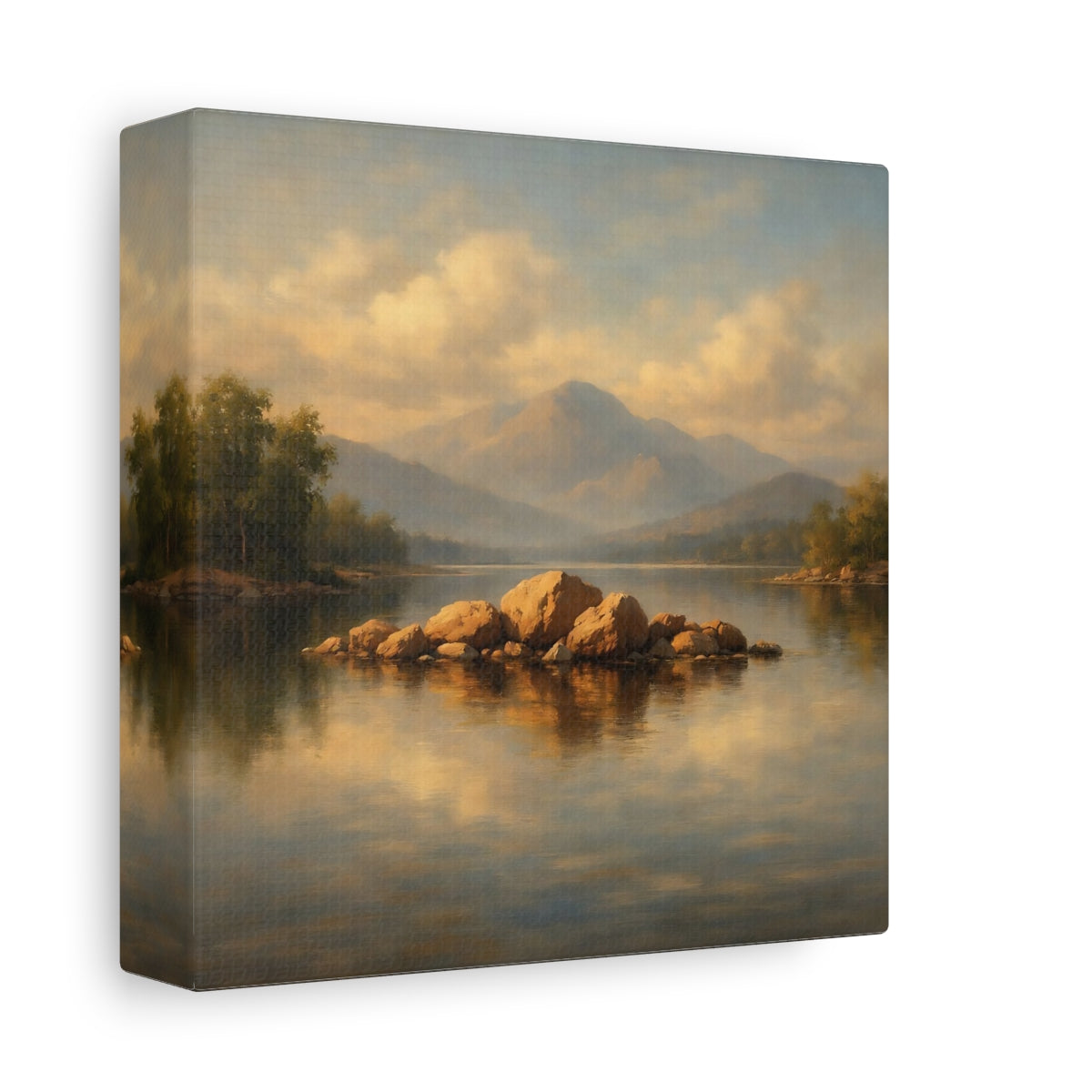 Side Mockup 1. Nature Lake Rocks Golden Lake Landscape shown as stretched canvas wall art
