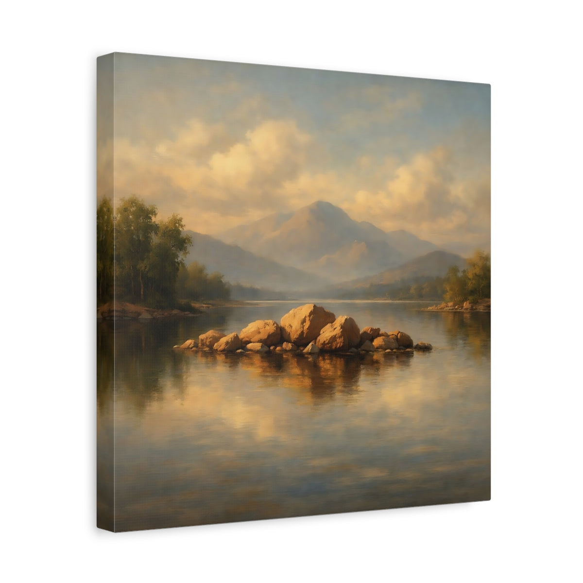 Side Mockup 7. Nature Lake Rocks Golden Lake Landscape shown as stretched canvas wall art