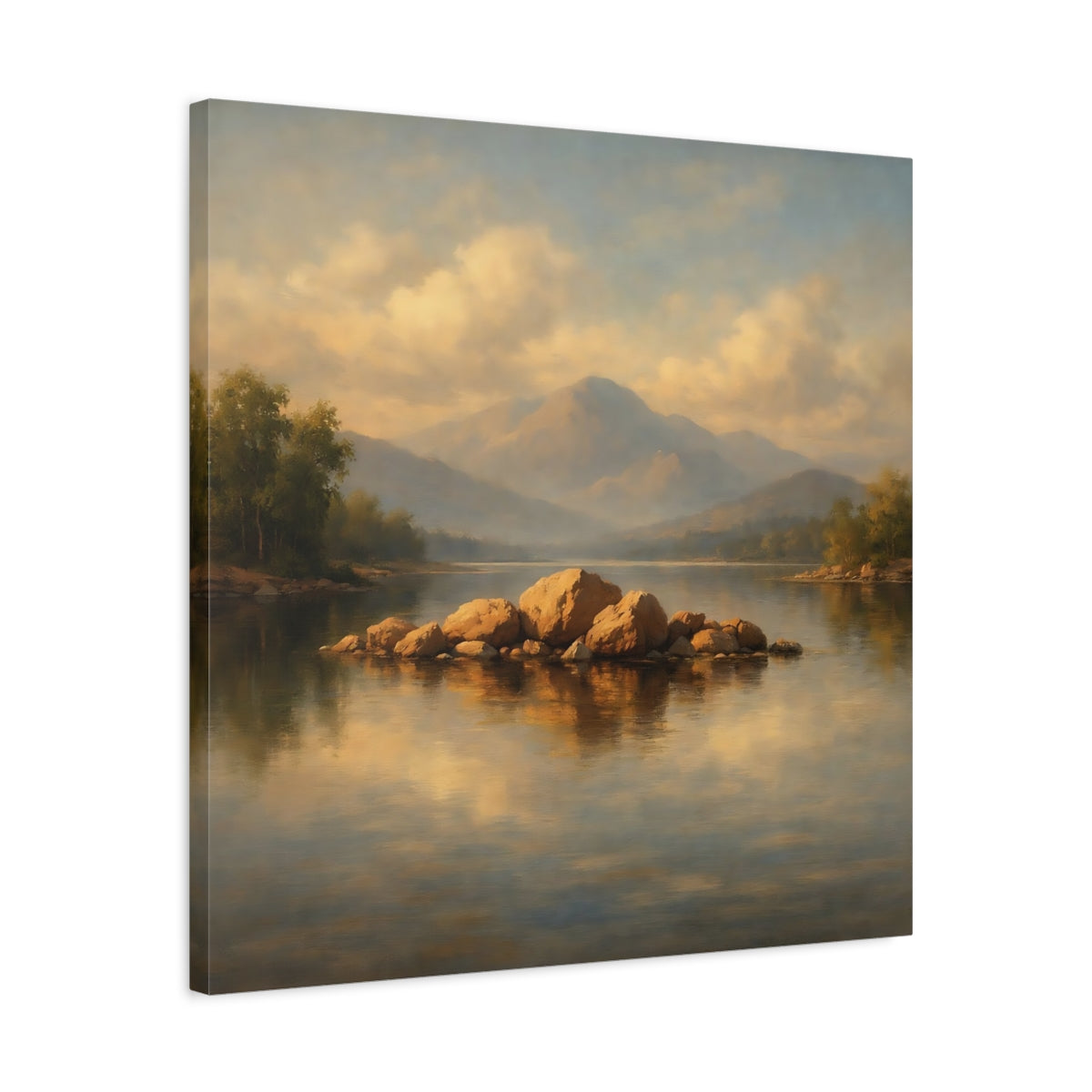 Side Mockup 4. Nature Lake Rocks Golden Lake Landscape shown as stretched canvas wall art