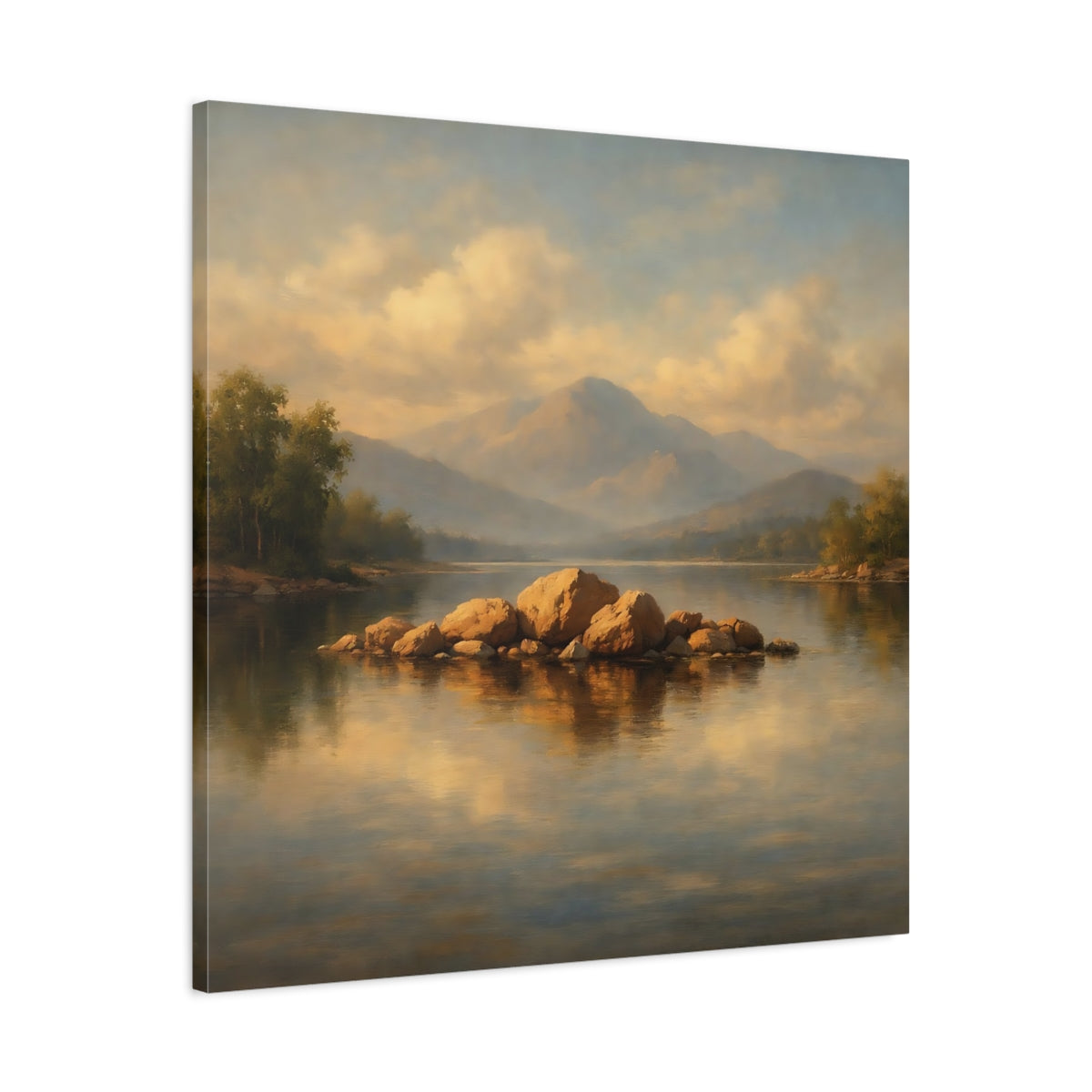 Side Mockup 3. Nature Lake Rocks Golden Lake Landscape shown as stretched canvas wall art