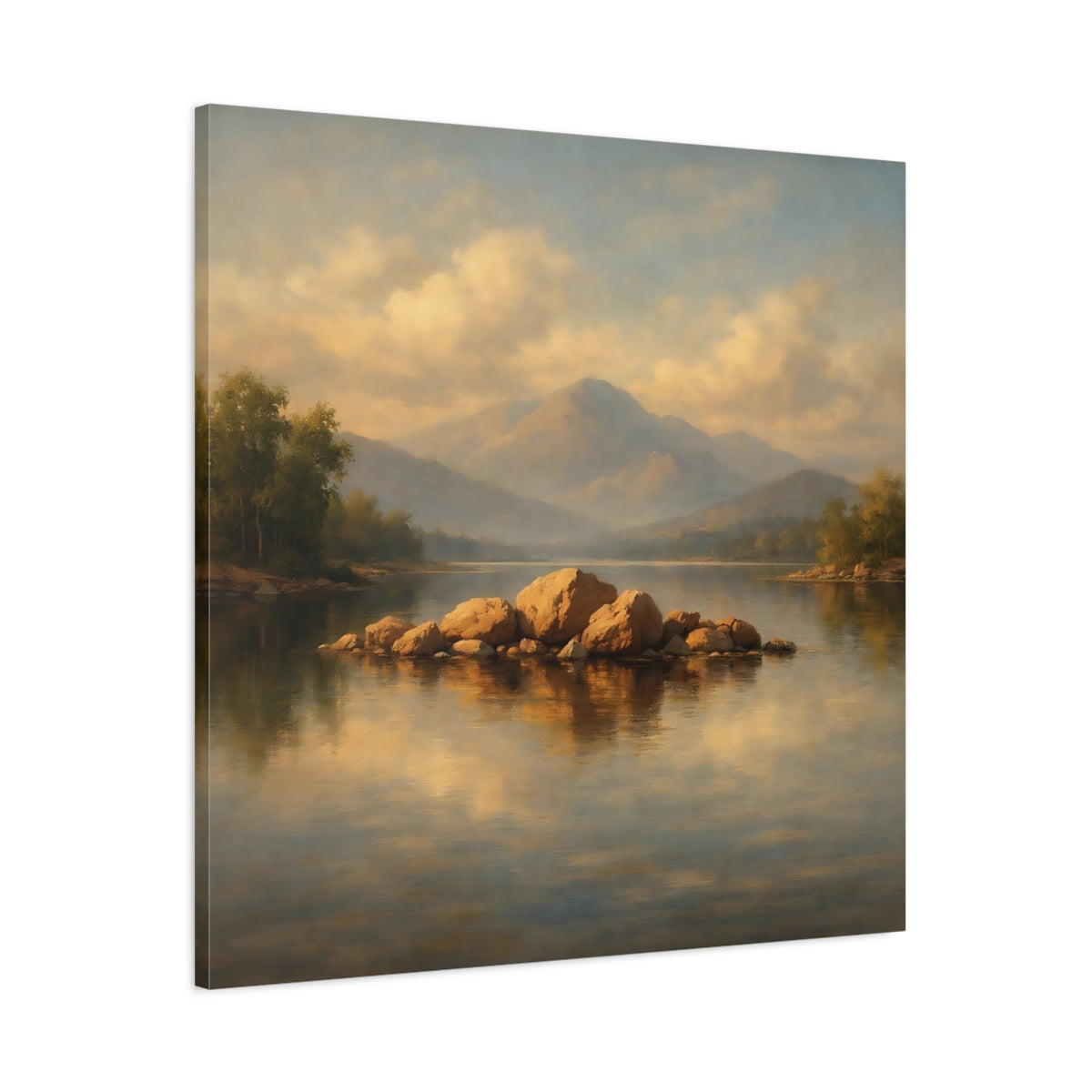 Side Mockup 2. Nature Lake Rocks Golden Lake Landscape shown as stretched canvas wall art
