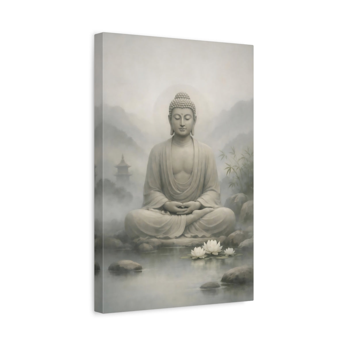 Side Mockup 4. Religious Buddha Grey Buddha shown as stretched canvas wall art