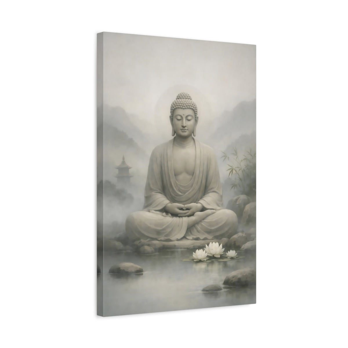 Side Mockup 3. Religious Buddha Grey Buddha shown as stretched canvas wall art