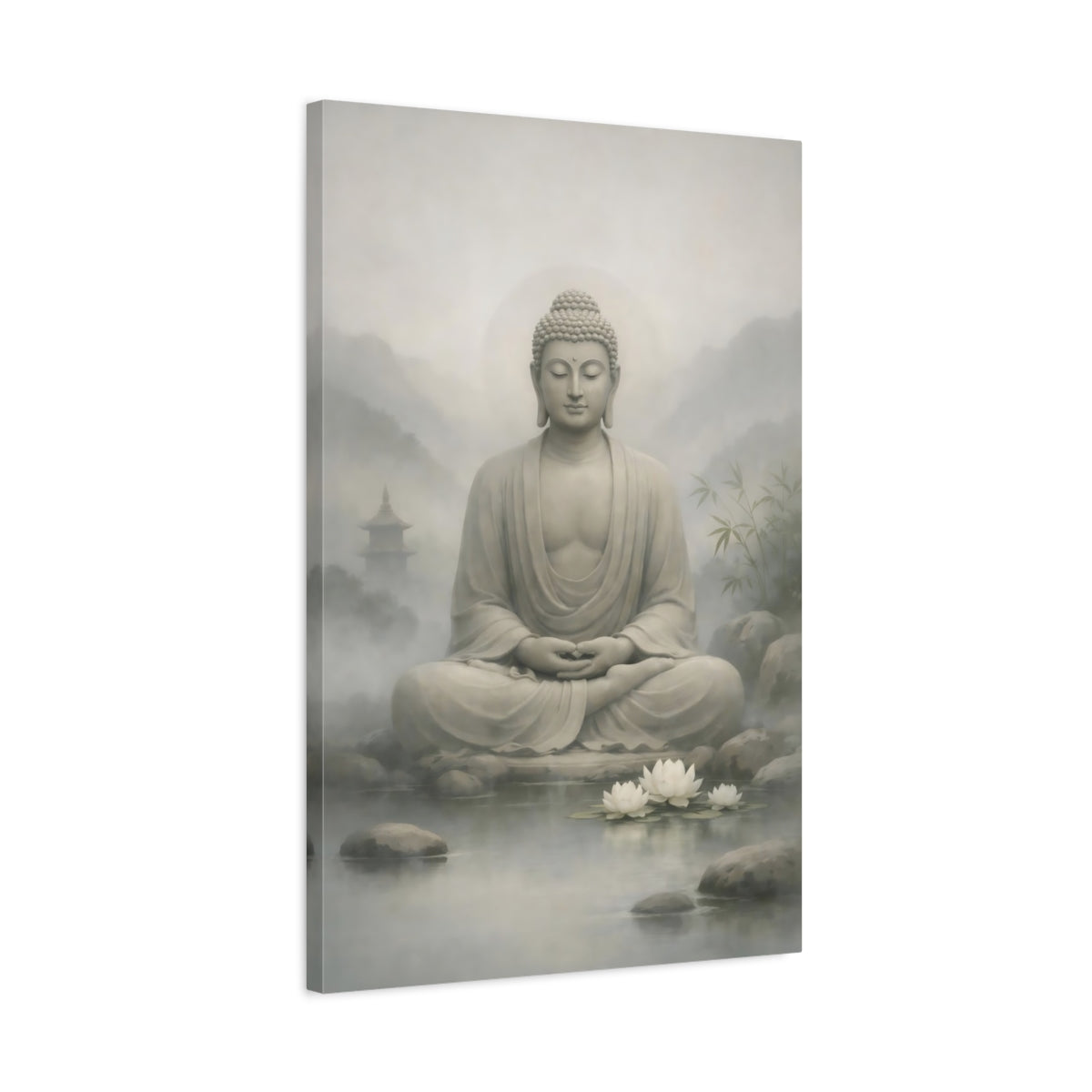Side Mockup 2. Religious Buddha Grey Buddha shown as stretched canvas wall art