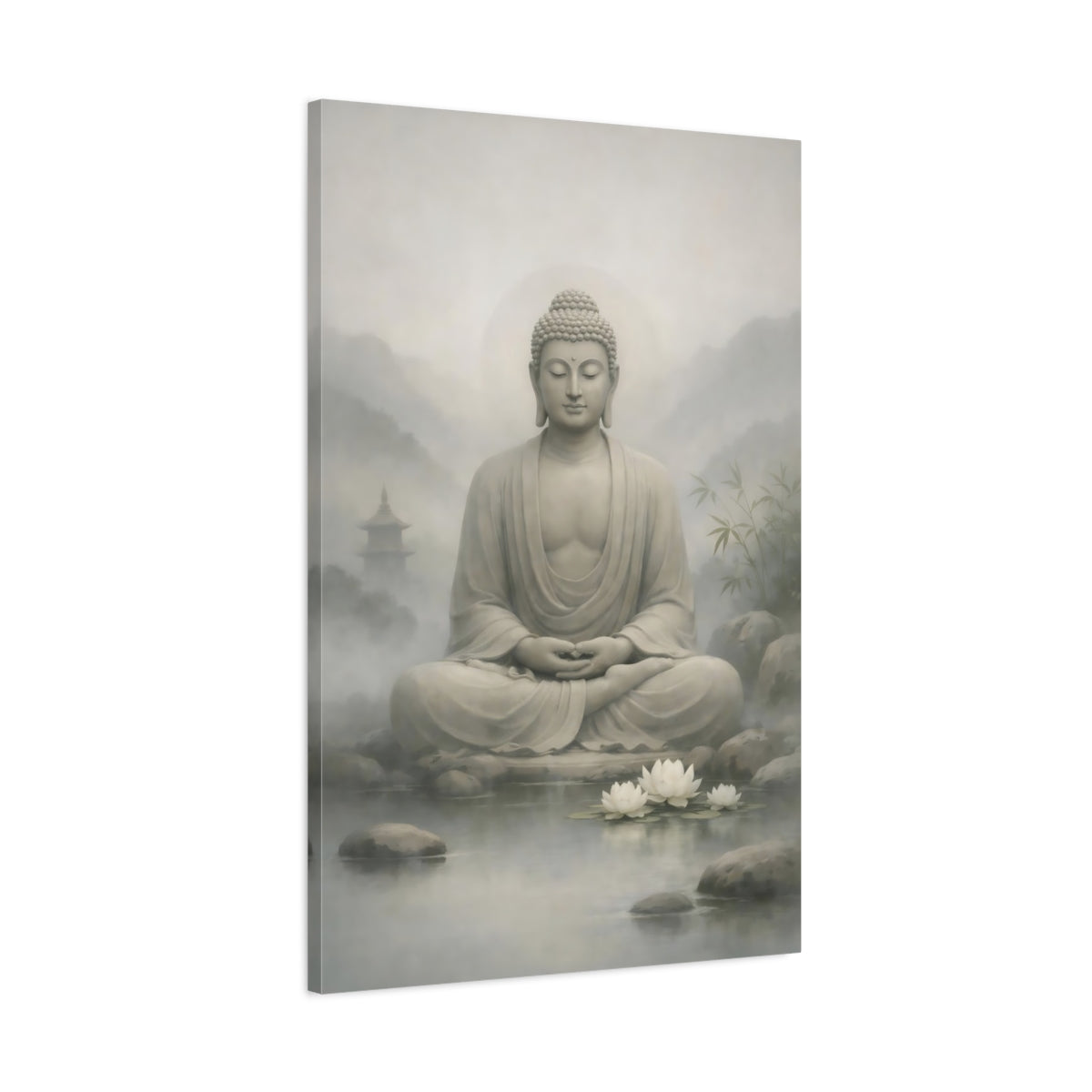 Side Mockup 1. Religious Buddha Grey Buddha shown as stretched canvas wall art
