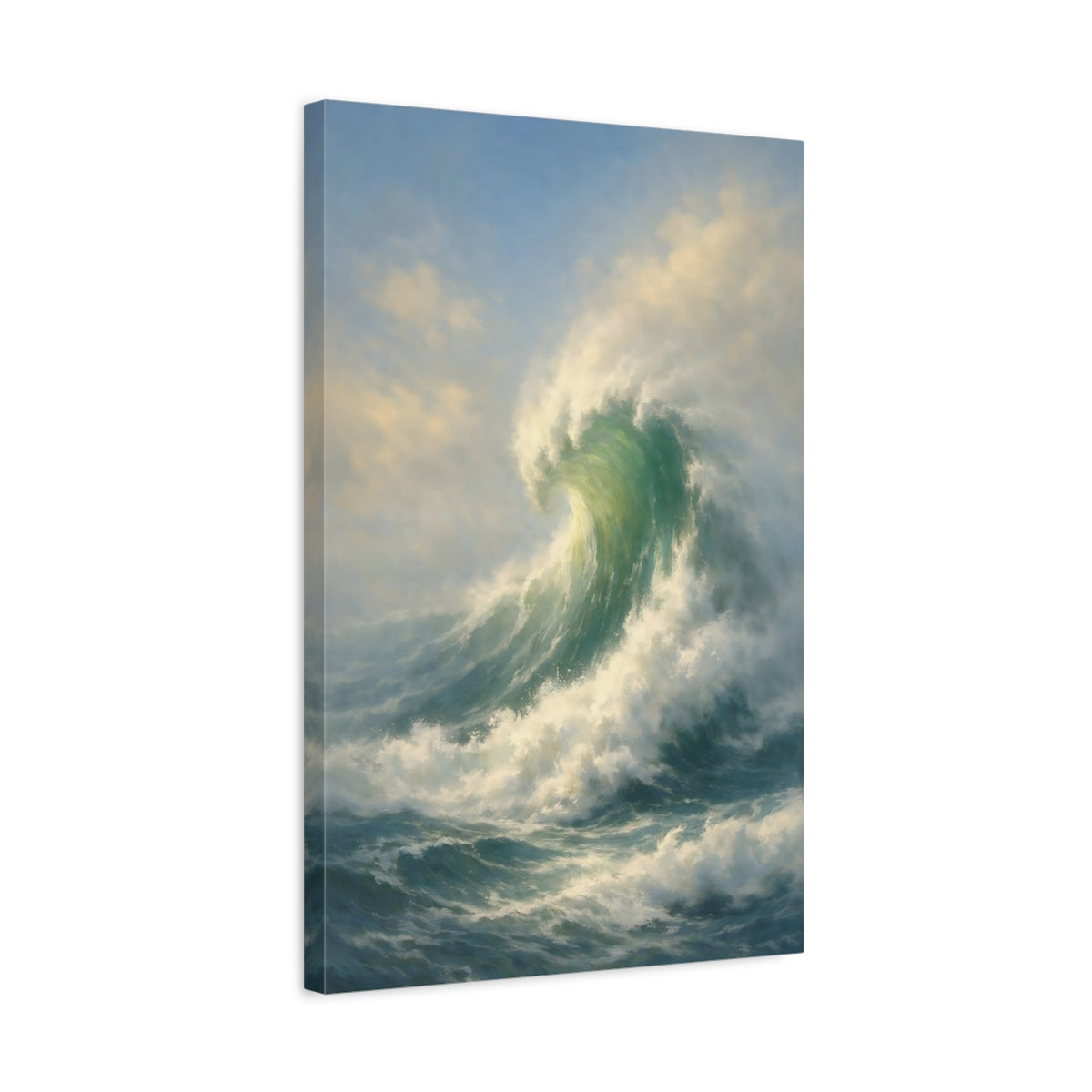 Side Mockup 3. Nature Crashing Wave Blue Green Wave shown as stretched canvas wall art