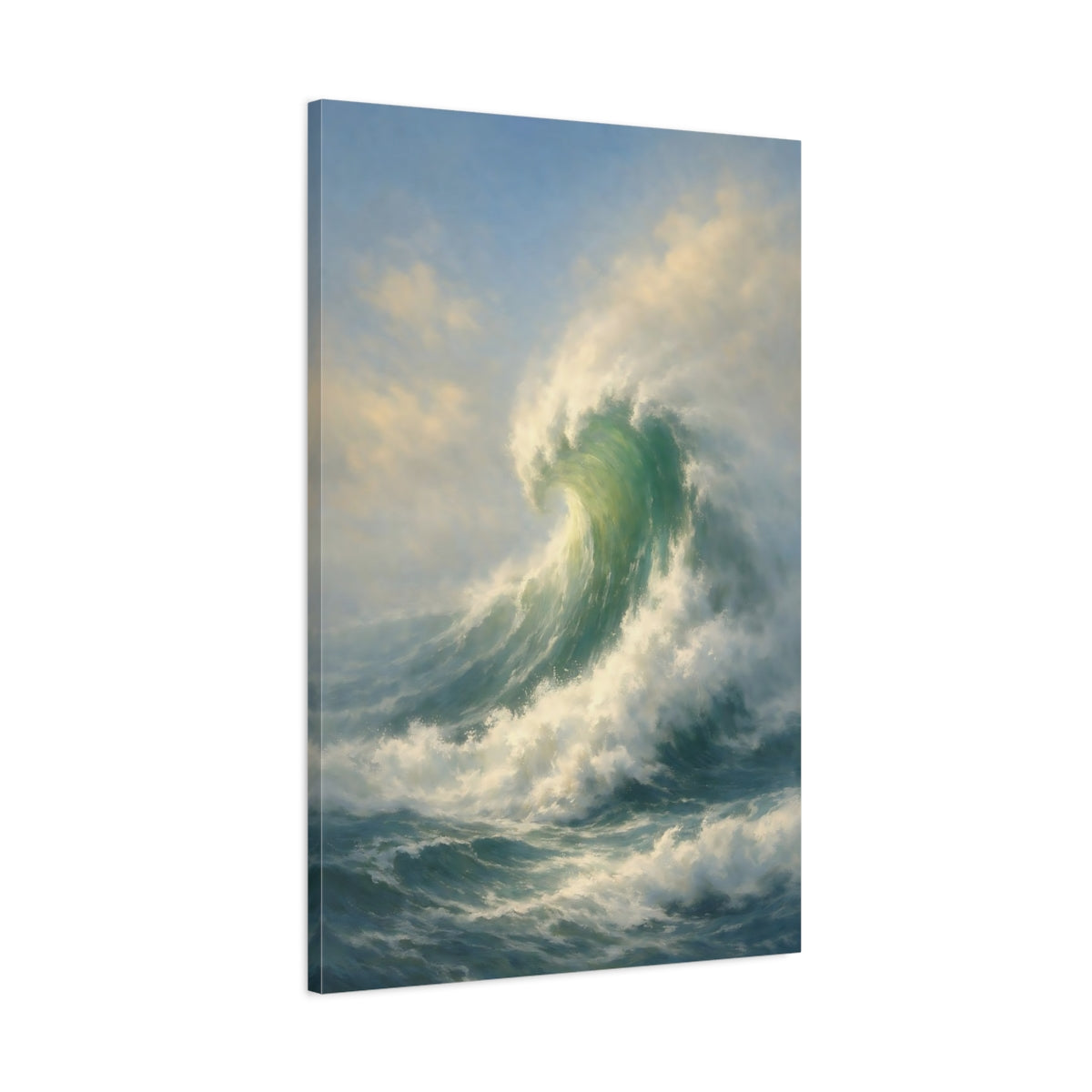 Side Mockup 1. Nature Crashing Wave Blue Green Wave shown as stretched canvas wall art