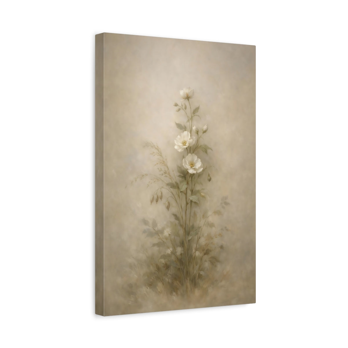 Side Mockup 4. Floral White Flowers Soft Botanical shown as stretched canvas wall art