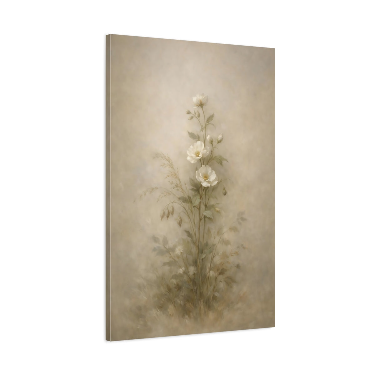 Side Mockup 1. Floral White Flowers Soft Botanical shown as stretched canvas wall art