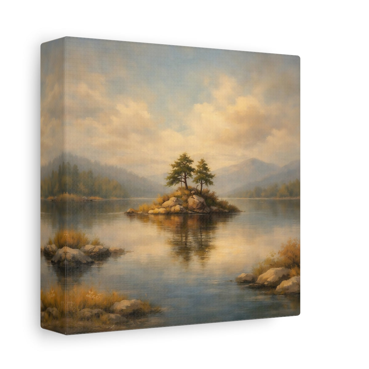 Side Mockup 1. Nature Lake Island Lake Island Landscape shown as stretched canvas wall art