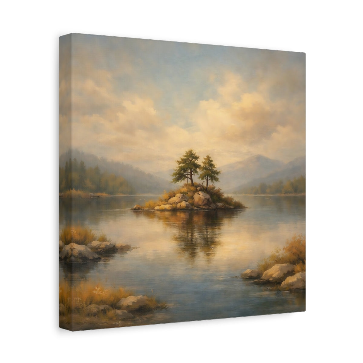 Side Mockup 8. Nature Lake Island Lake Island Landscape shown as stretched canvas wall art