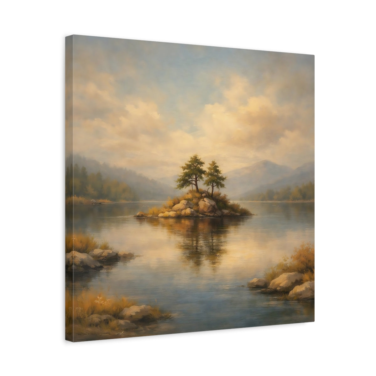 Side Mockup 5. Nature Lake Island Lake Island Landscape shown as stretched canvas wall art