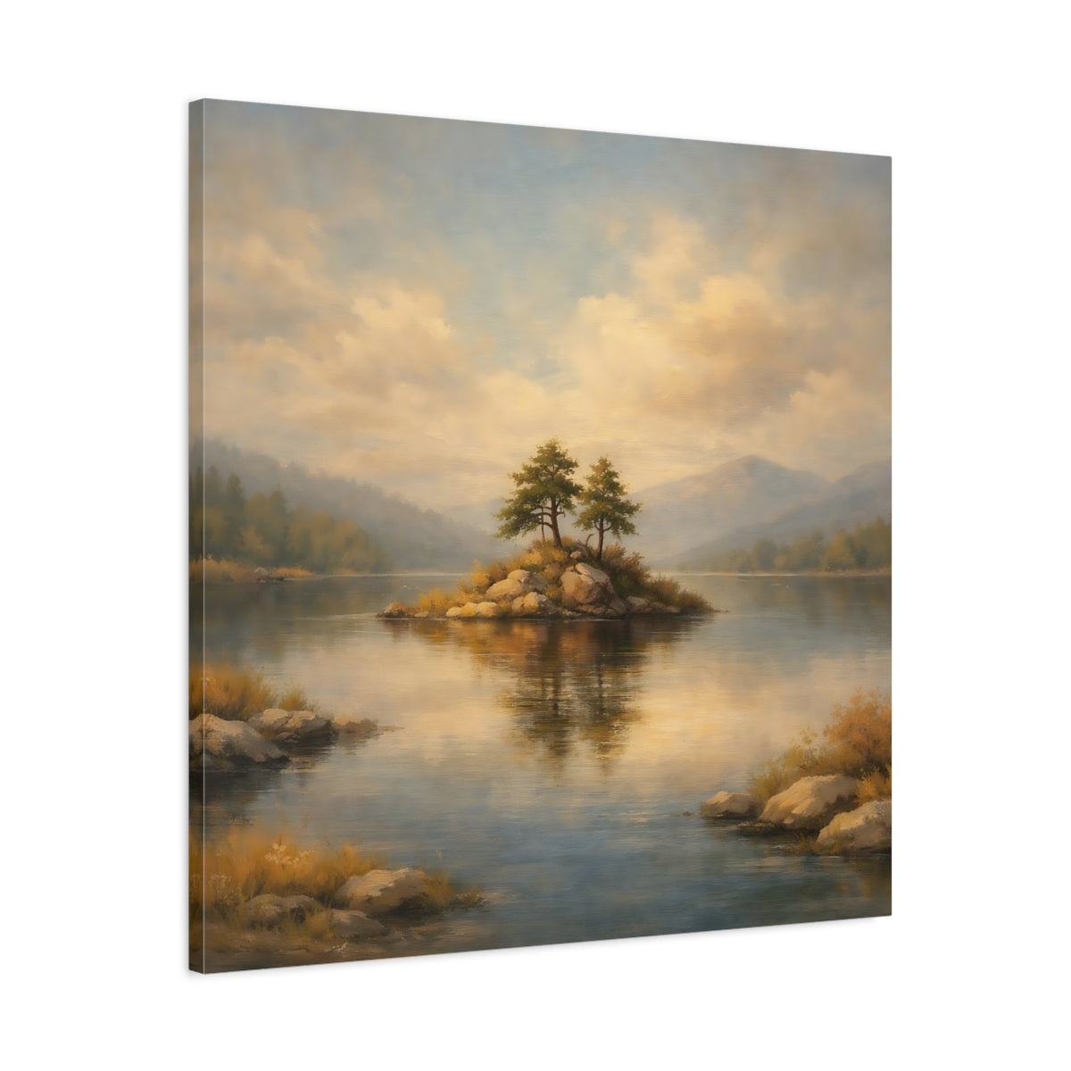 Side Mockup 3. Nature Lake Island Lake Island Landscape shown as stretched canvas wall art