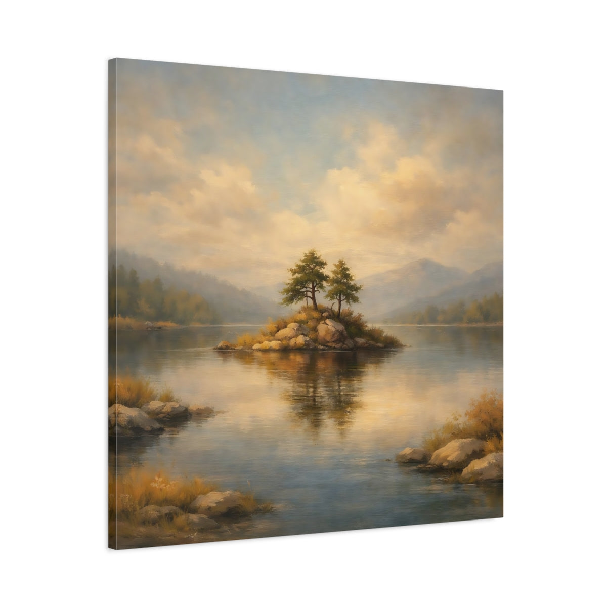 Side Mockup 2. Nature Lake Island Lake Island Landscape shown as stretched canvas wall art