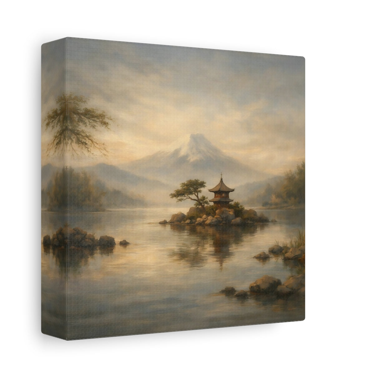 Side Mockup 1. Nature Mount Fuji Misty Mount Fuji shown as stretched canvas wall art