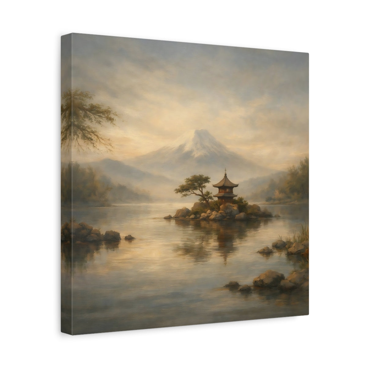 Side Mockup 7. Nature Mount Fuji Misty Mount Fuji shown as stretched canvas wall art