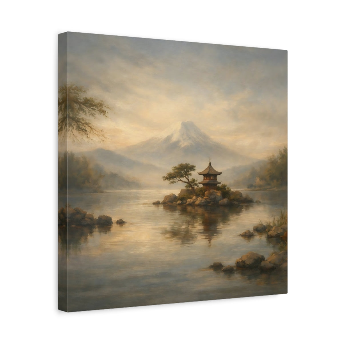 Side Mockup 6. Nature Mount Fuji Misty Mount Fuji shown as stretched canvas wall art
