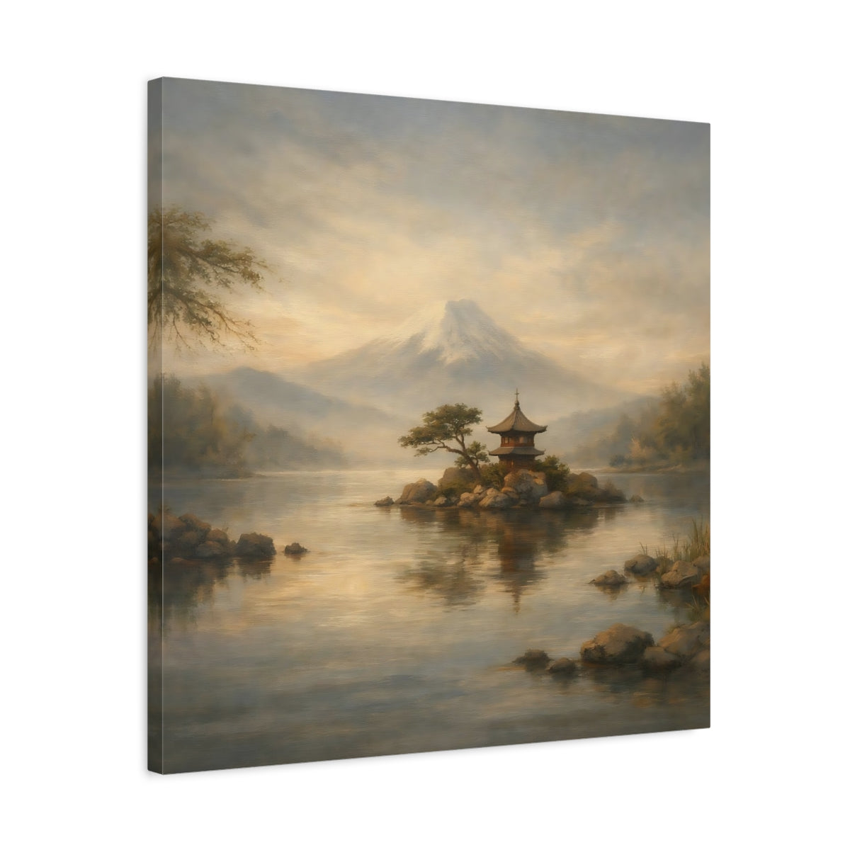 Side Mockup 4. Nature Mount Fuji Misty Mount Fuji shown as stretched canvas wall art