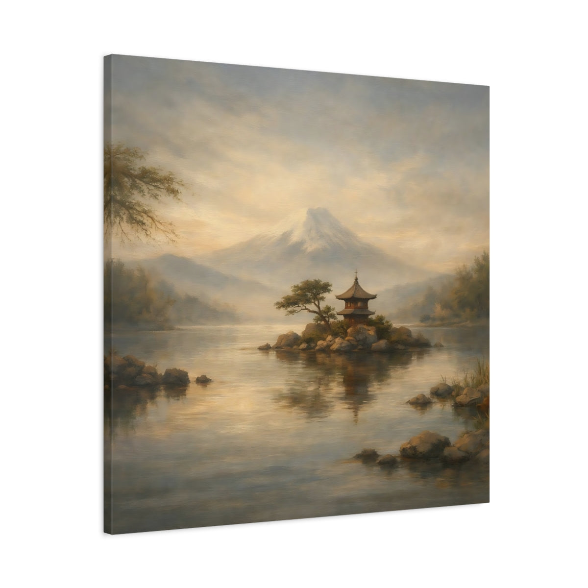 Side Mockup 3. Nature Mount Fuji Misty Mount Fuji shown as stretched canvas wall art