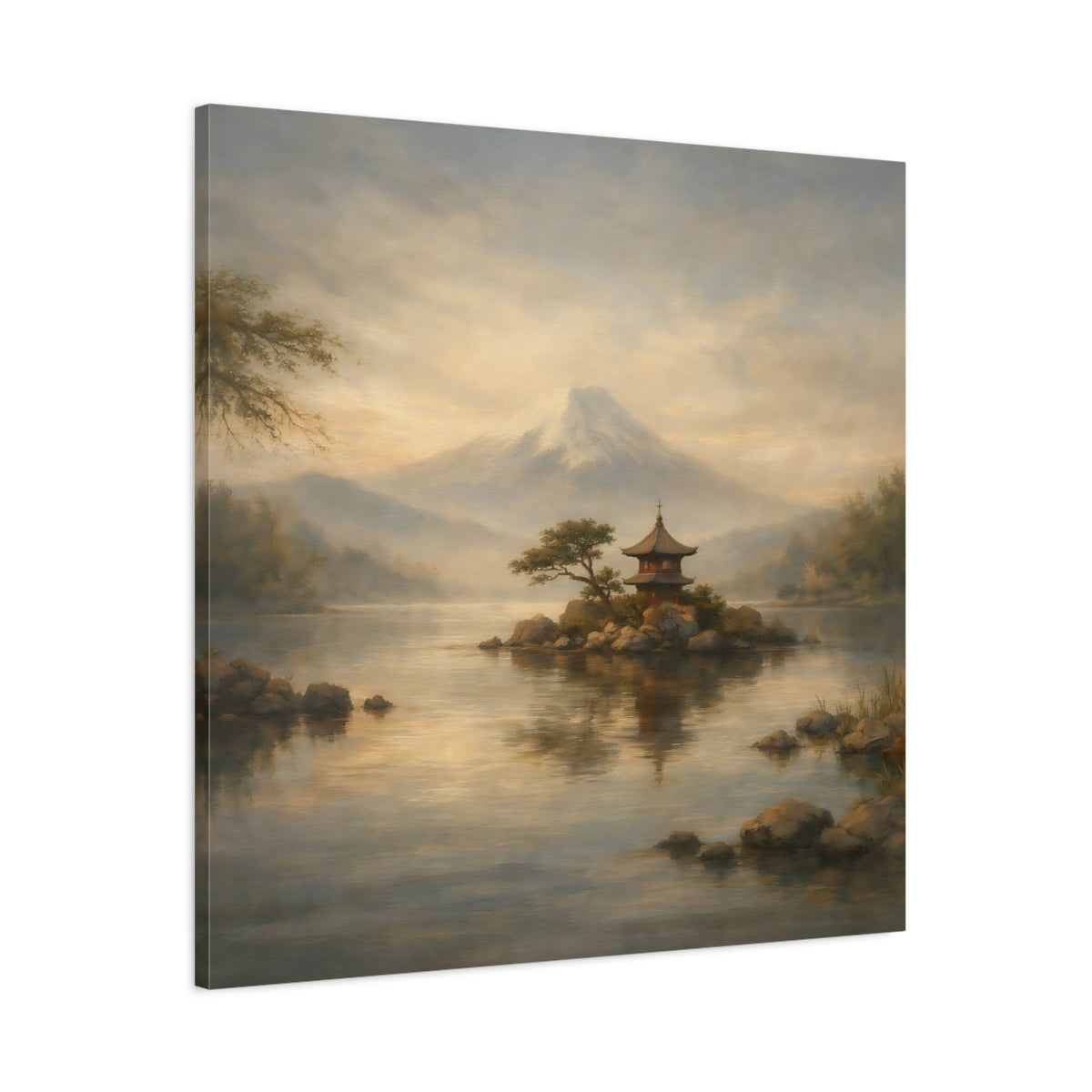 Side Mockup 2. Nature Mount Fuji Misty Mount Fuji shown as stretched canvas wall art