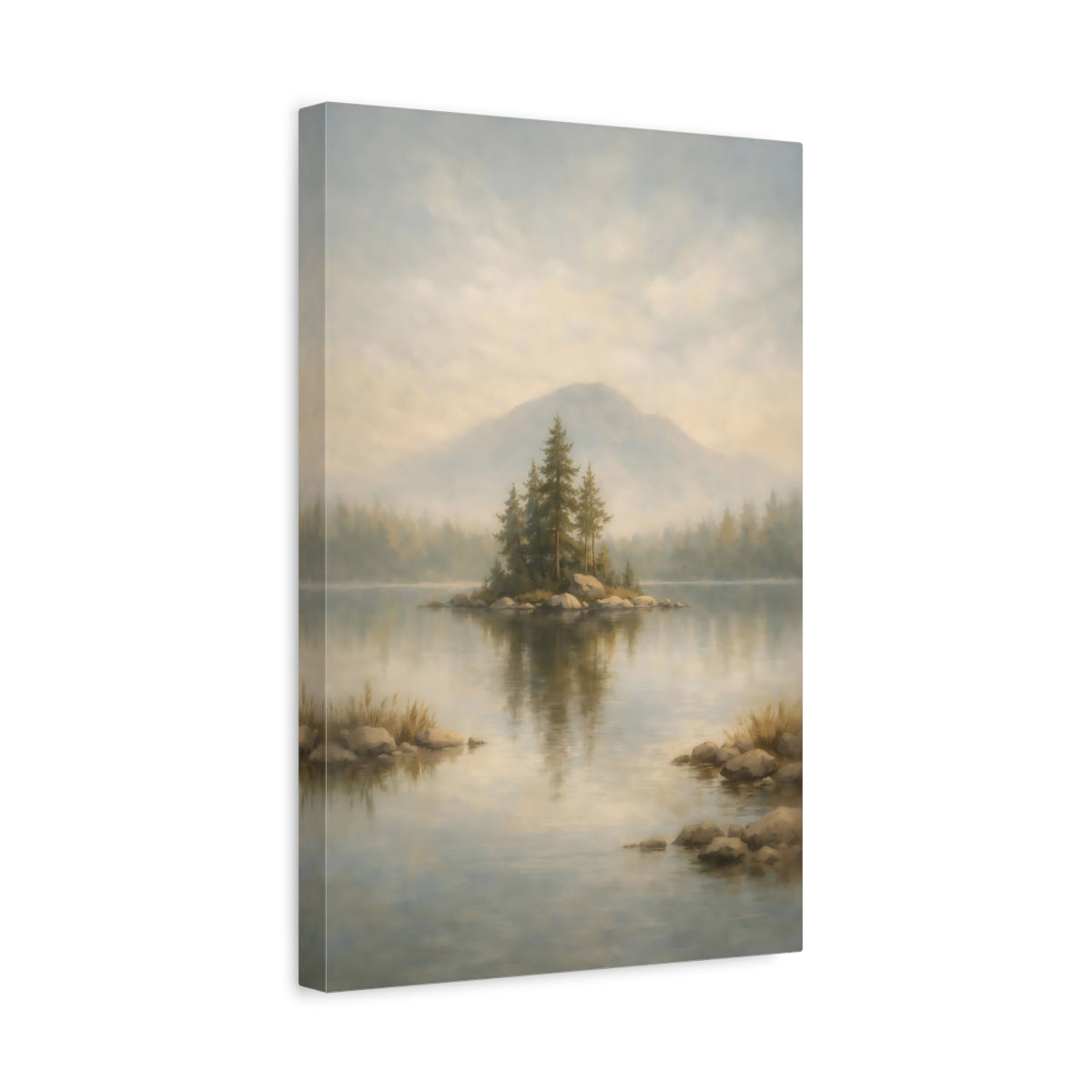Side Mockup 4. Nature Pine Island Misty Lake Landscape shown as stretched canvas wall art