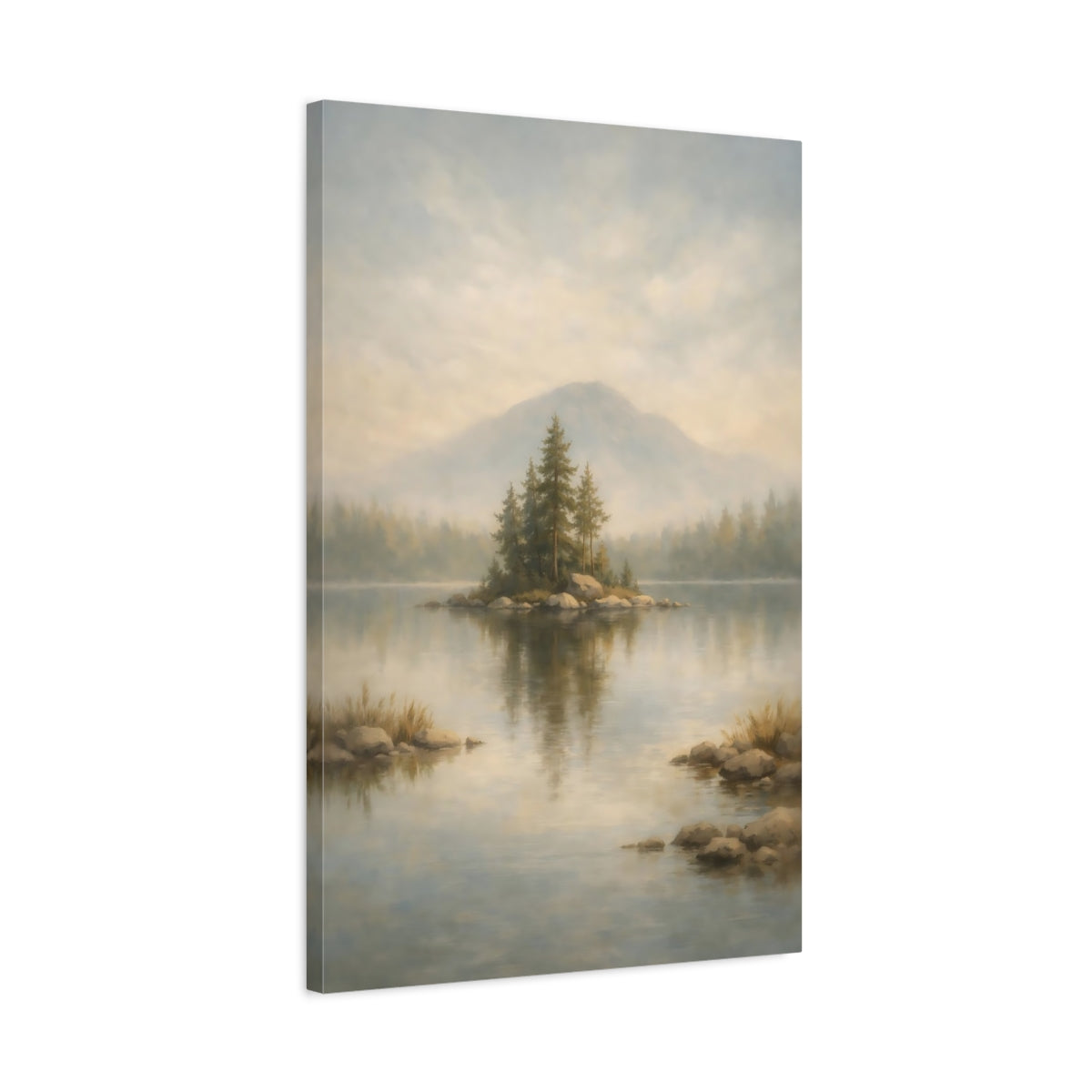 Side Mockup 2. Nature Pine Island Misty Lake Landscape shown as stretched canvas wall art