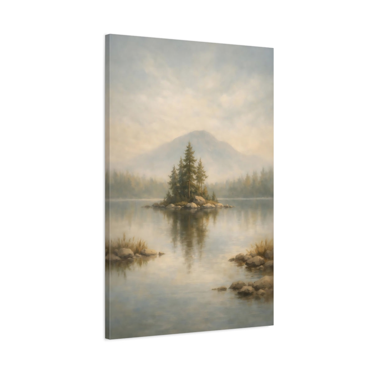 Side Mockup 1. Nature Pine Island Misty Lake Landscape shown as stretched canvas wall art