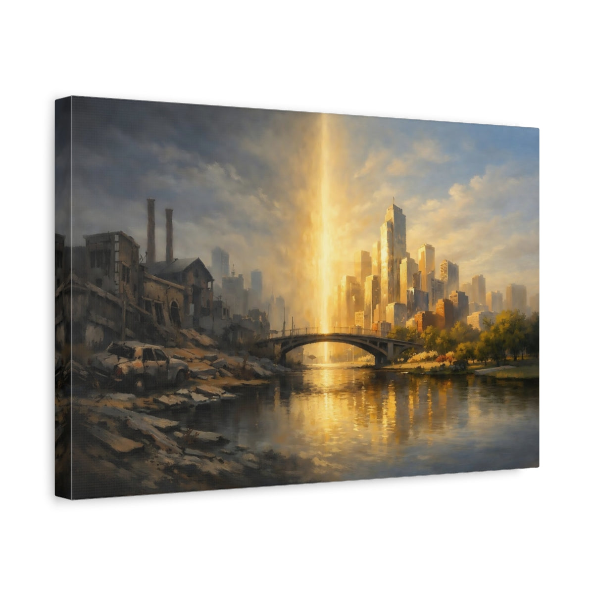 Side Mockup 4. Urban Opposition Dramatic Split Scene shown as stretched canvas wall art