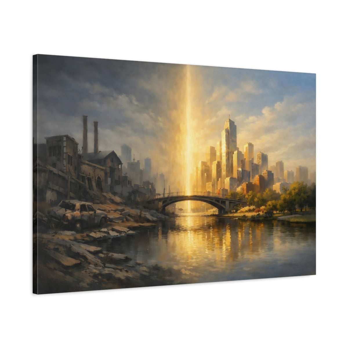 Side Mockup 1. Urban Opposition Dramatic Split Scene shown as stretched canvas wall art