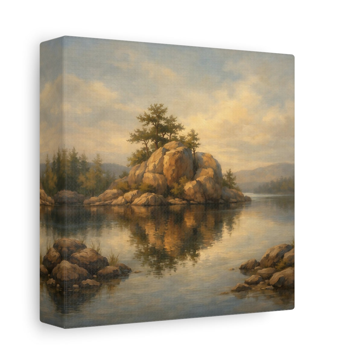 Side Mockup 1. Nature Rocky Island Brown And Gold Landscape shown as stretched canvas wall art
