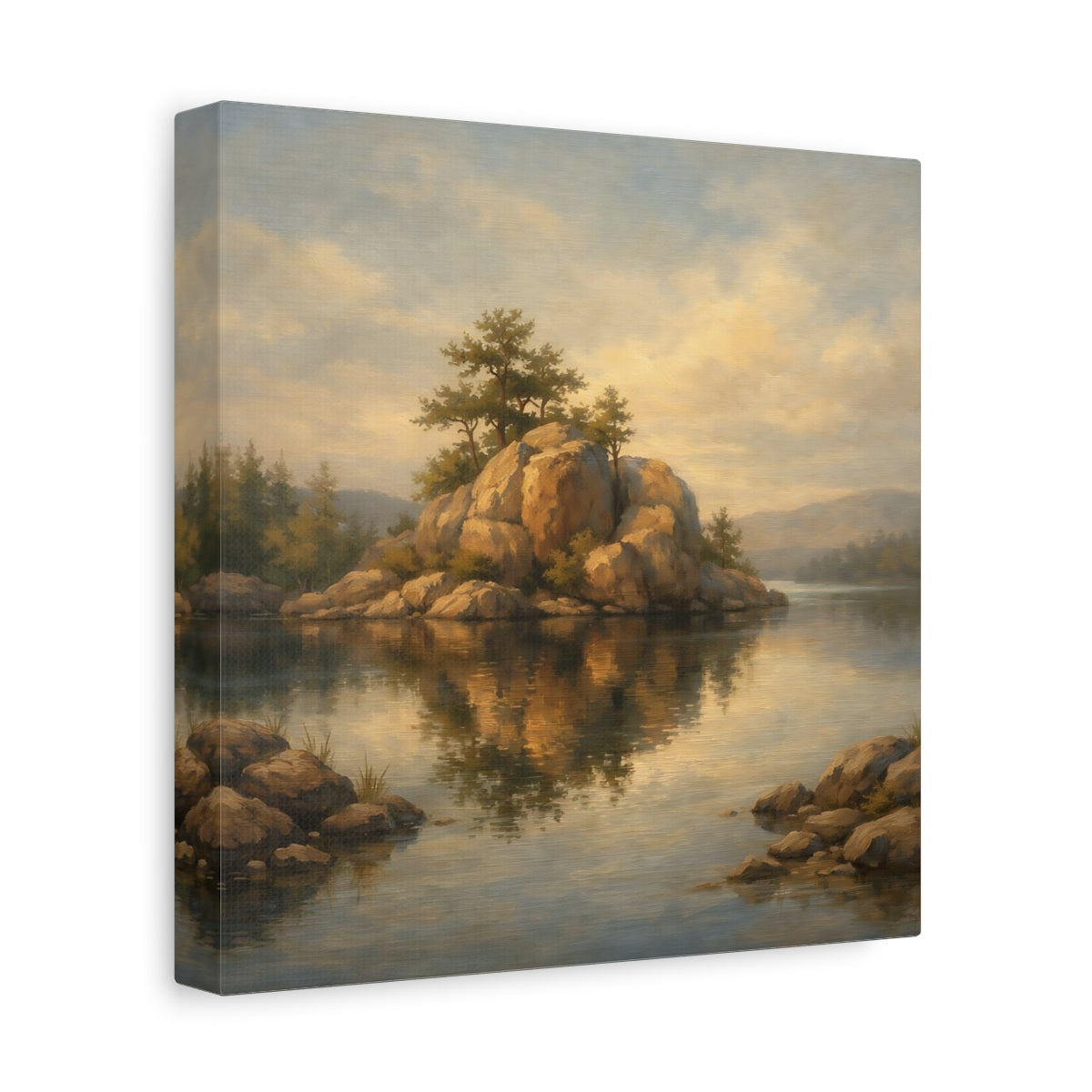 Side Mockup 9. Nature Rocky Island Brown And Gold Landscape shown as stretched canvas wall art