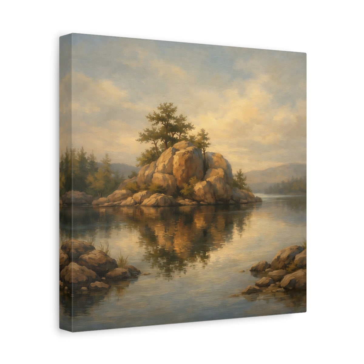 Side Mockup 8. Nature Rocky Island Brown And Gold Landscape shown as stretched canvas wall art