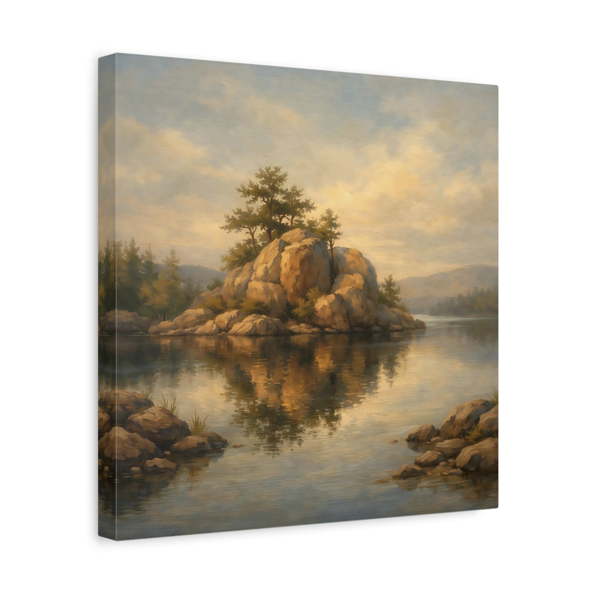 Side Mockup 7. Nature Rocky Island Brown And Gold Landscape shown as stretched canvas wall art