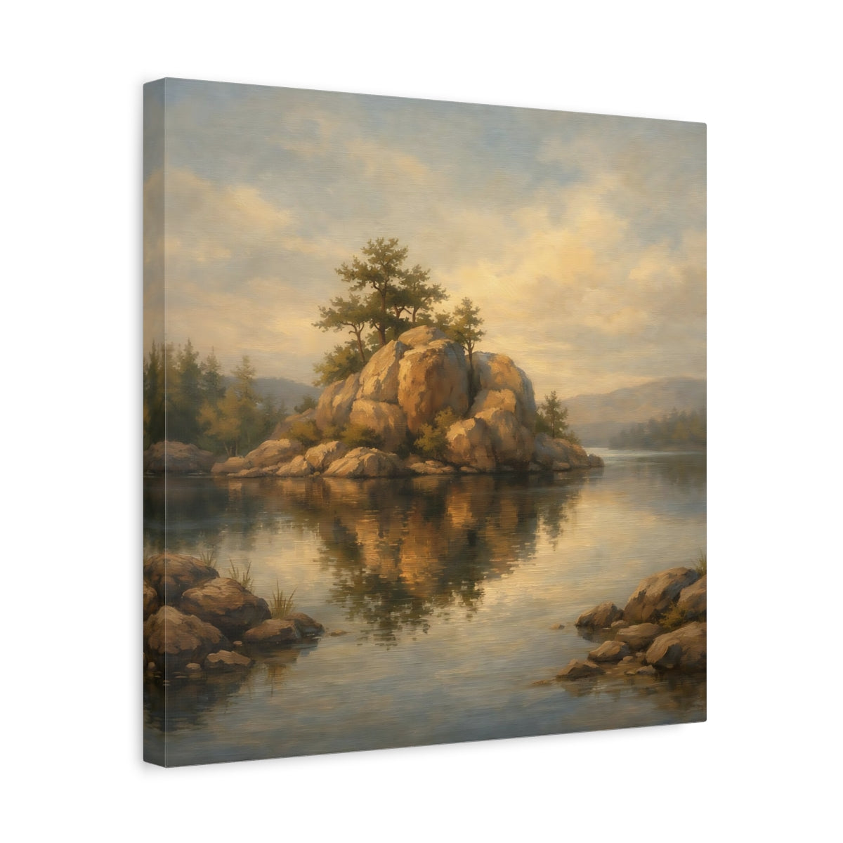 Side Mockup 6. Nature Rocky Island Brown And Gold Landscape shown as stretched canvas wall art
