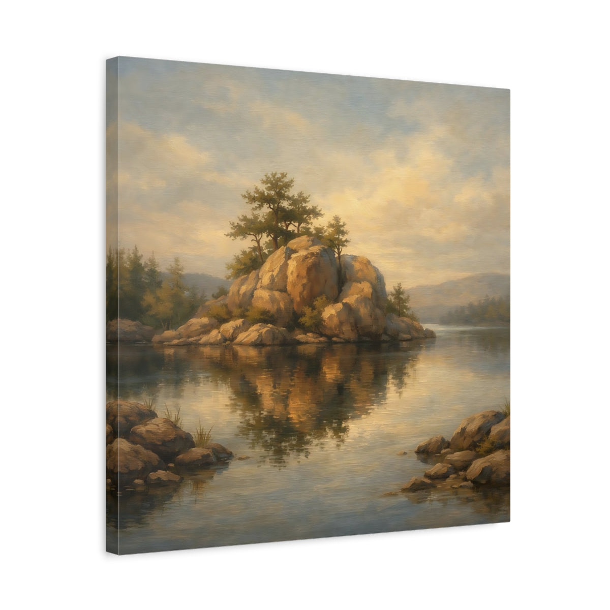 Side Mockup 5. Nature Rocky Island Brown And Gold Landscape shown as stretched canvas wall art