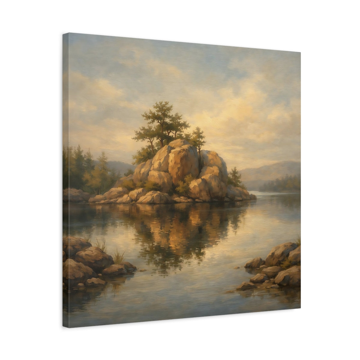 Side Mockup 4. Nature Rocky Island Brown And Gold Landscape shown as stretched canvas wall art
