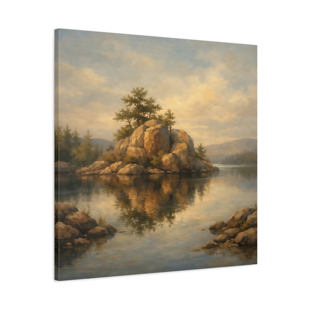Side Mockup 3. Nature Rocky Island Brown And Gold Landscape shown as stretched canvas wall art
